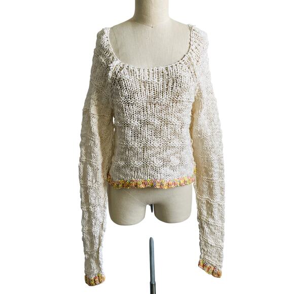 Free People West Palm Sweater Cream Multi Color Trim Small - Picture 3 of 11